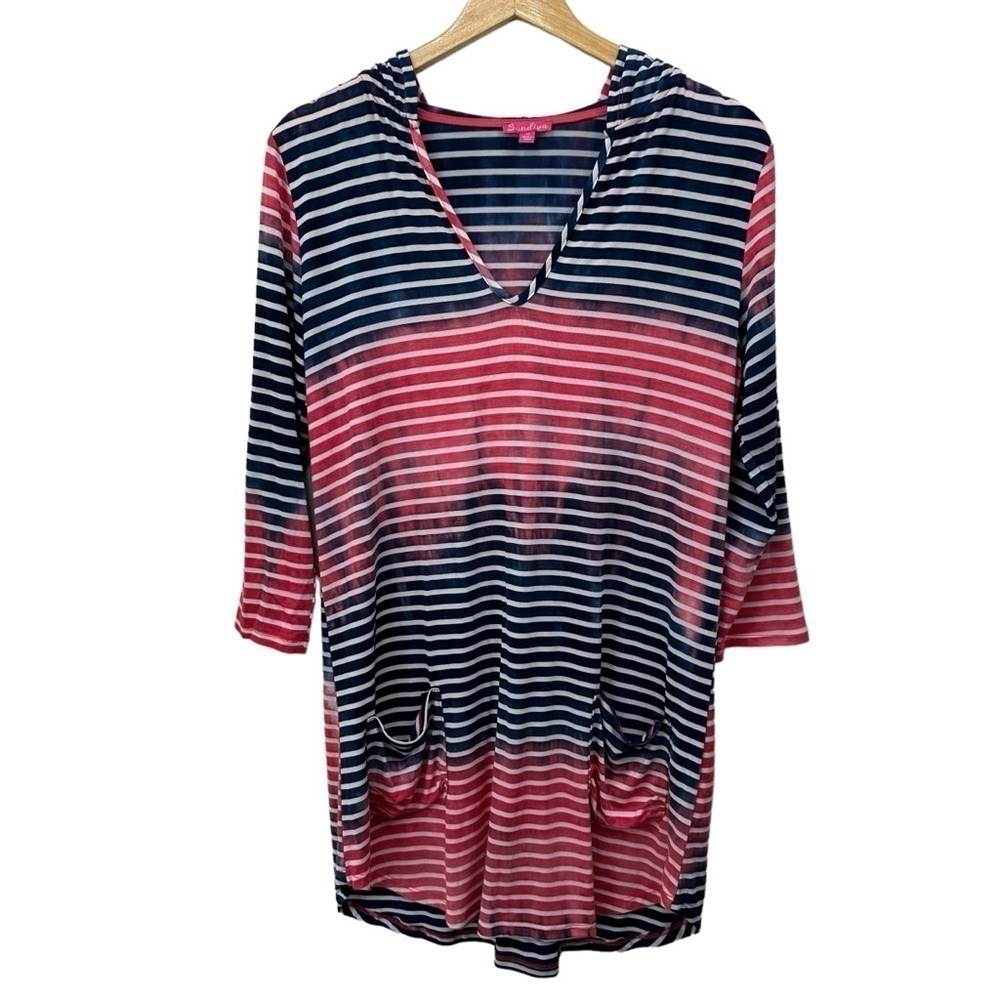 Sandiva Red, White, Blue Stripe Swim Coverup Hoodie Dress, Medium